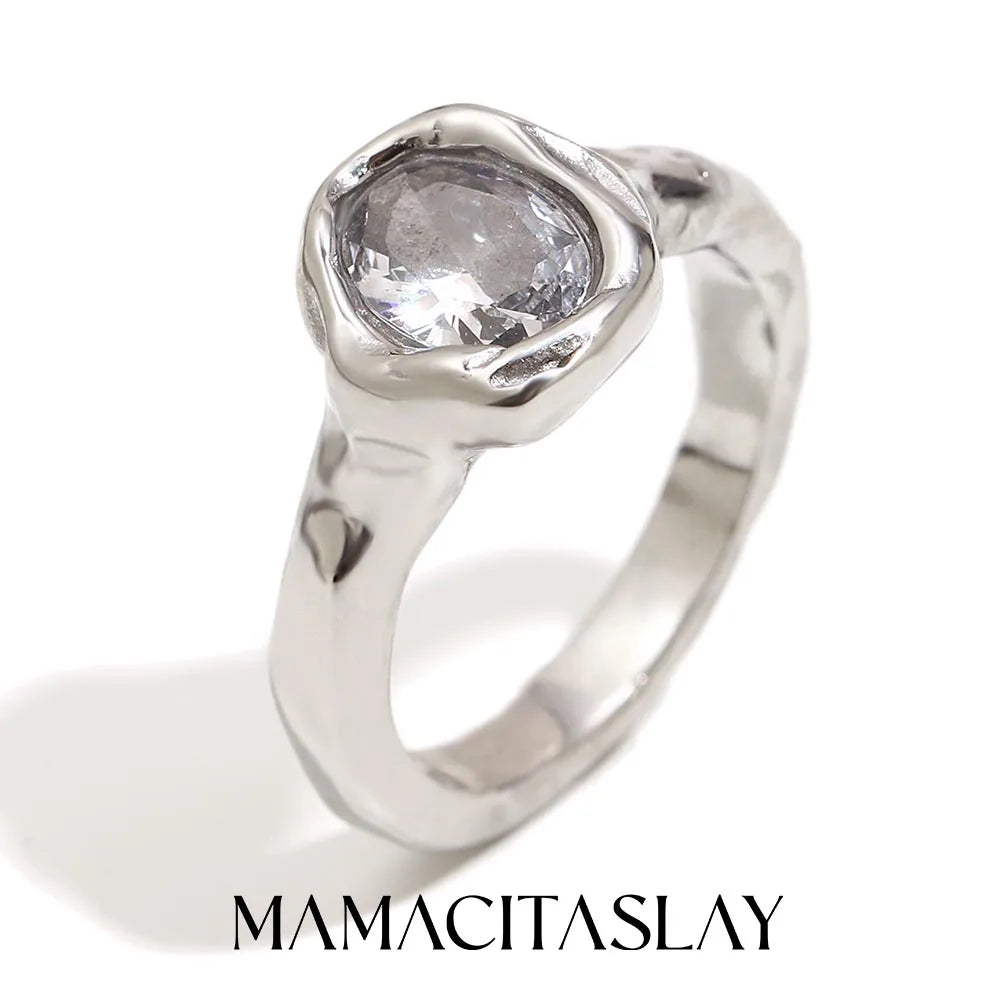 MamacitaSlay 316L Stainless Steel CZ Solitaire Stackable Ring 18K Gold Plated Waterproof Jewelry For Women Elegant Daily Wear