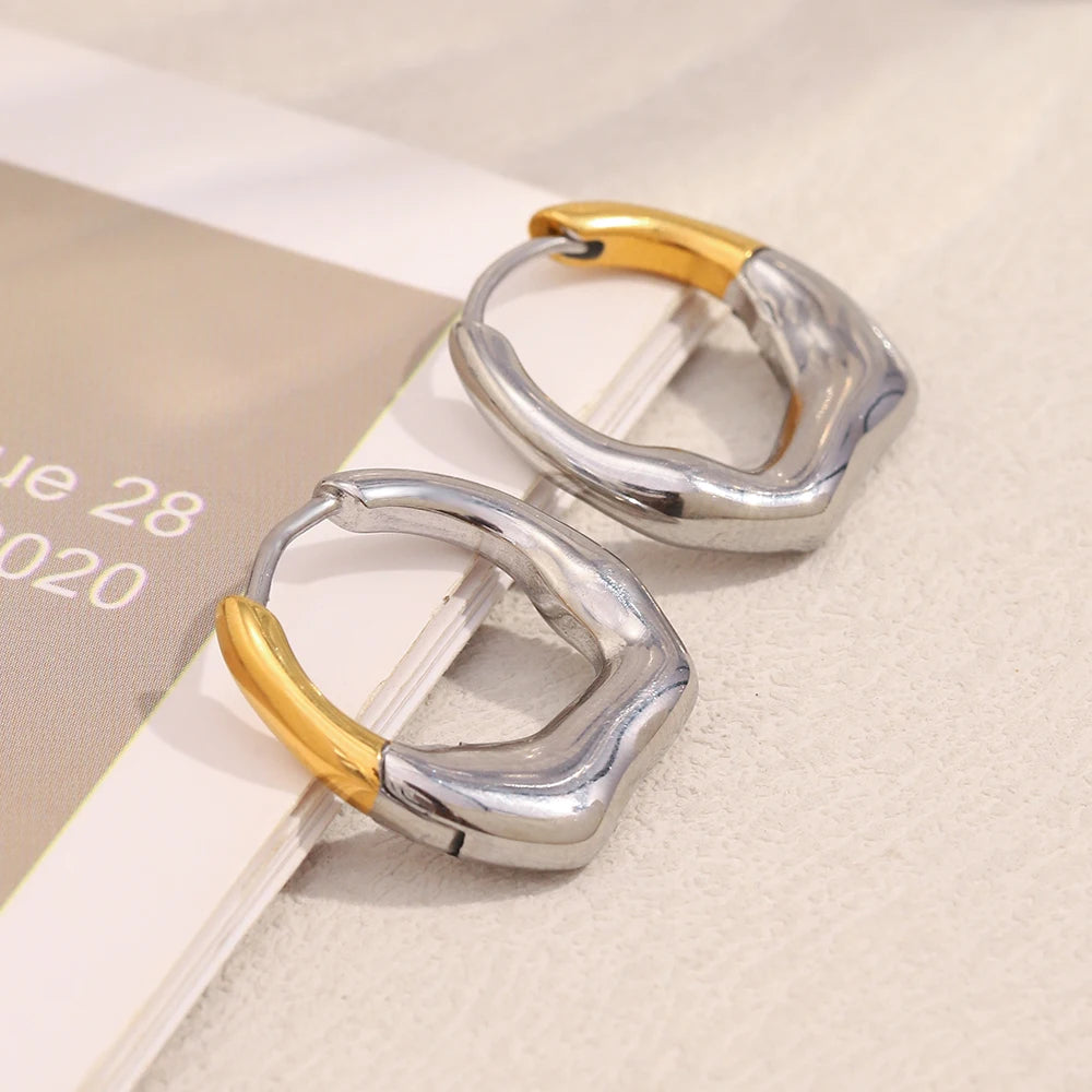MamacitaSlay 316L Stainless Steel Double Color Irregular Hoop Earrings Party Waterproof Jewelry Women's 18K Gold Plated Earrings
