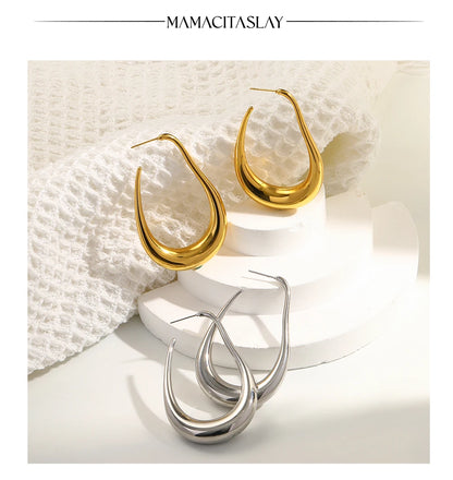 MamacitaSlay Unique Exaggerated 18K Gold Plated Stainless Steel Pear Shape Hollow Hoop Earrings Party Women's Waterproof Jewelry