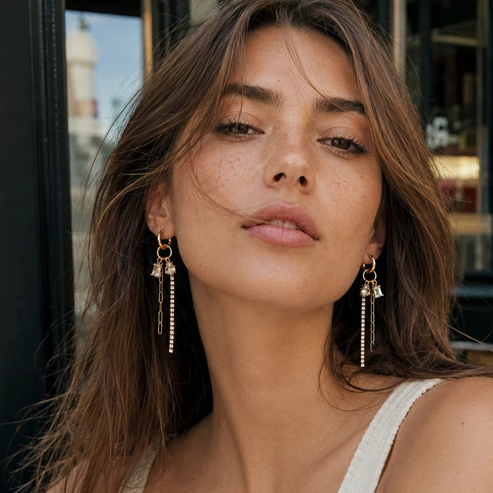 MamacitaSlay 316L Stainless Steel Mixed Chain Zircon Tassel Hoop Earrings 18K Gold Plated Waterproof Statement Jewelry For Women