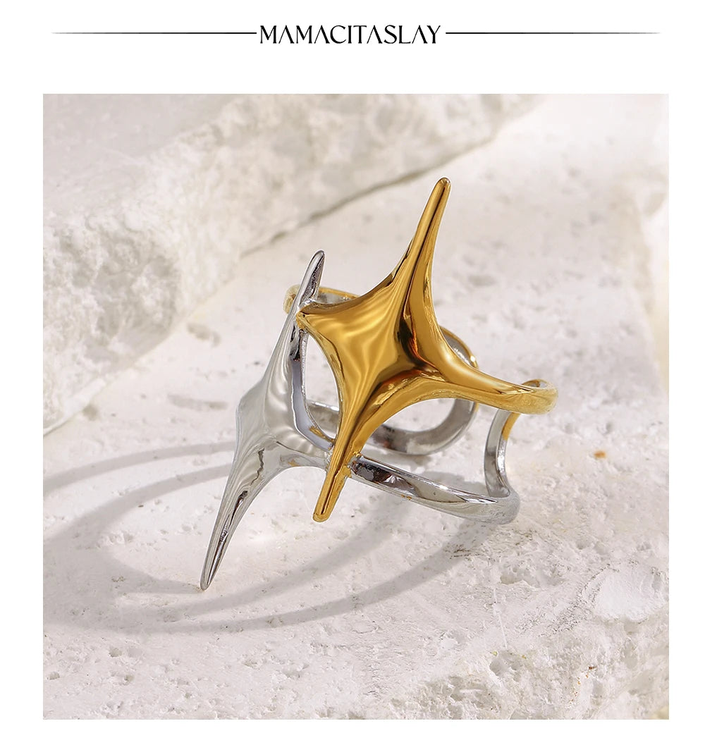 MamacitaSlay 316L Stainless Steel Mixed Color Double Star Open Ring Women's Party Waterproof 18K Gold Plated Ring Unique Ring