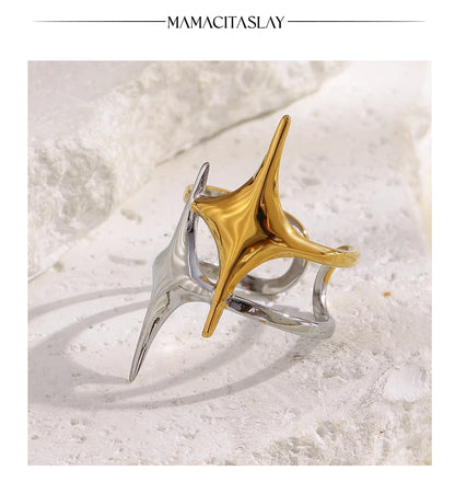 MamacitaSlay 316L Stainless Steel Mixed Color Double Star Open Ring Women's Party Waterproof 18K Gold Plated Ring Unique Ring