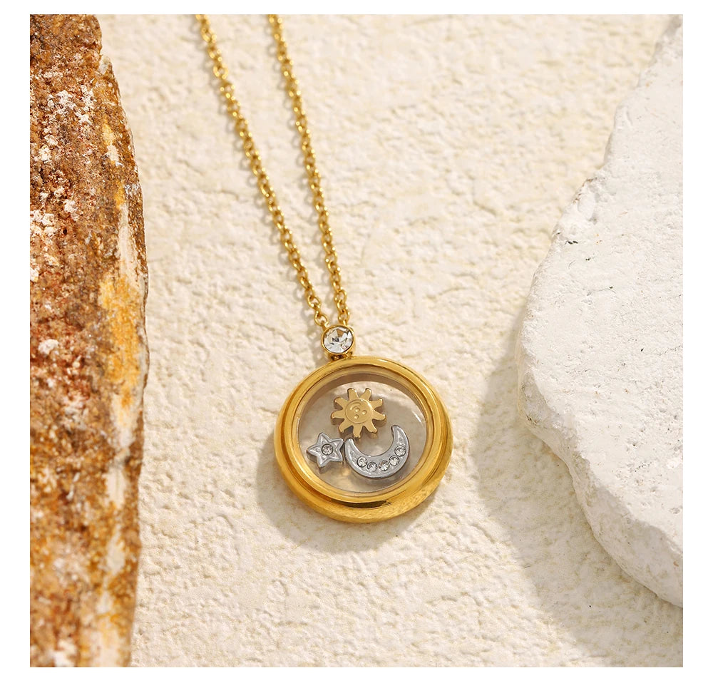 MamacitaSlay 316L Stainless Steel Celestial Pendant Necklace 18K Gold Plated Waterproof Jewelry Gift For Women Everyday Wear