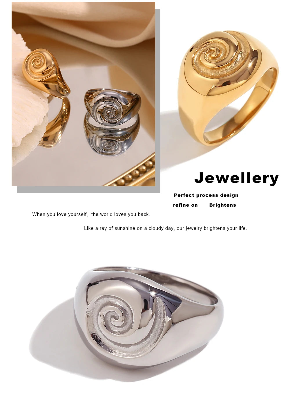 MamacitaSlay Unique Fingerprint Swirl Ripple Gold Silver Colour Rings Womens Stainless Steel Tarnish Free Jewelry Accessories