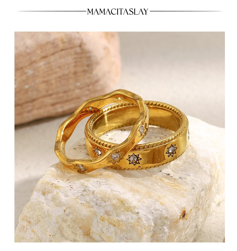 MamacitaSlay 316L Stainless Steel Zircon Star Ring 18K Gold Plated Waterproof Jewelry Women's Classic Ring High Quality Gift