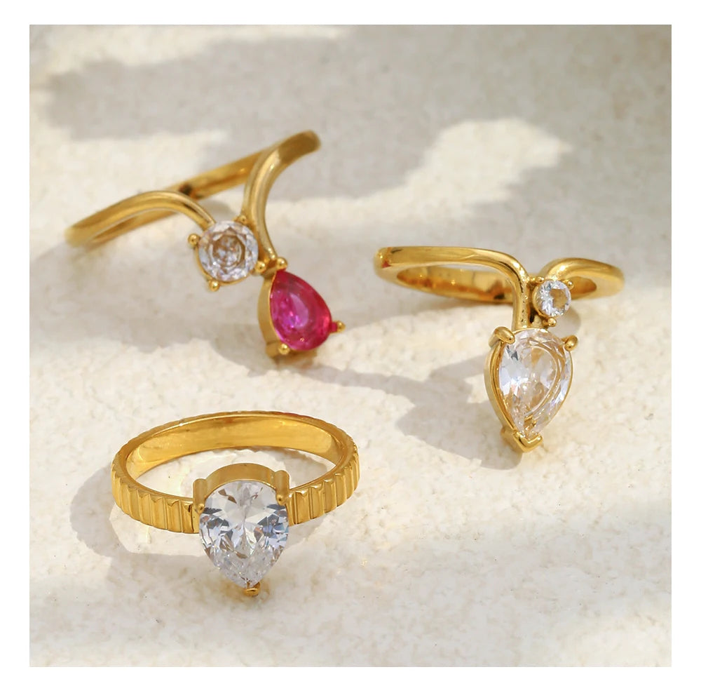MamacitaSlay 316L Stainless Steel Zircon Water Droplet Crown Ring 18K Gold Plated Waterproof Jewelry Women's Elegant Ring Gift
