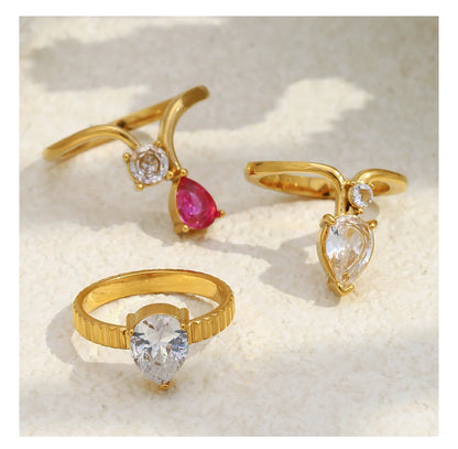 MamacitaSlay 316L Stainless Steel Zircon Water Droplet Crown Ring 18K Gold Plated Waterproof Jewelry Women's Elegant Ring Gift