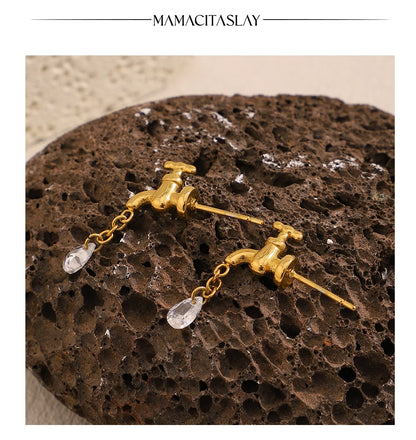 MamacitaSlay 316L Stainless Steel Unique Faucet Water Drop Zircon Earrings 18K Gold Plated Creative Waterproof Jewelry For Women