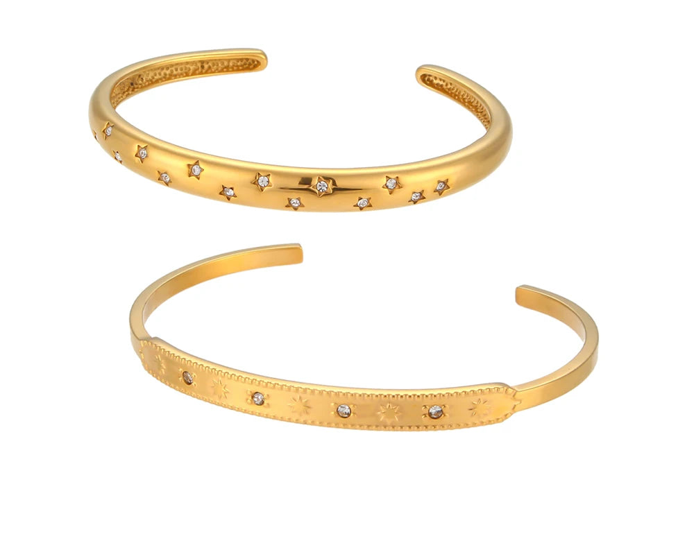 18K Gold Plated Deliacte Luxury Colorful Zircon Shiny Stars Cuff Bangles High Quality Waterproof Jewelry Bracelets for Women