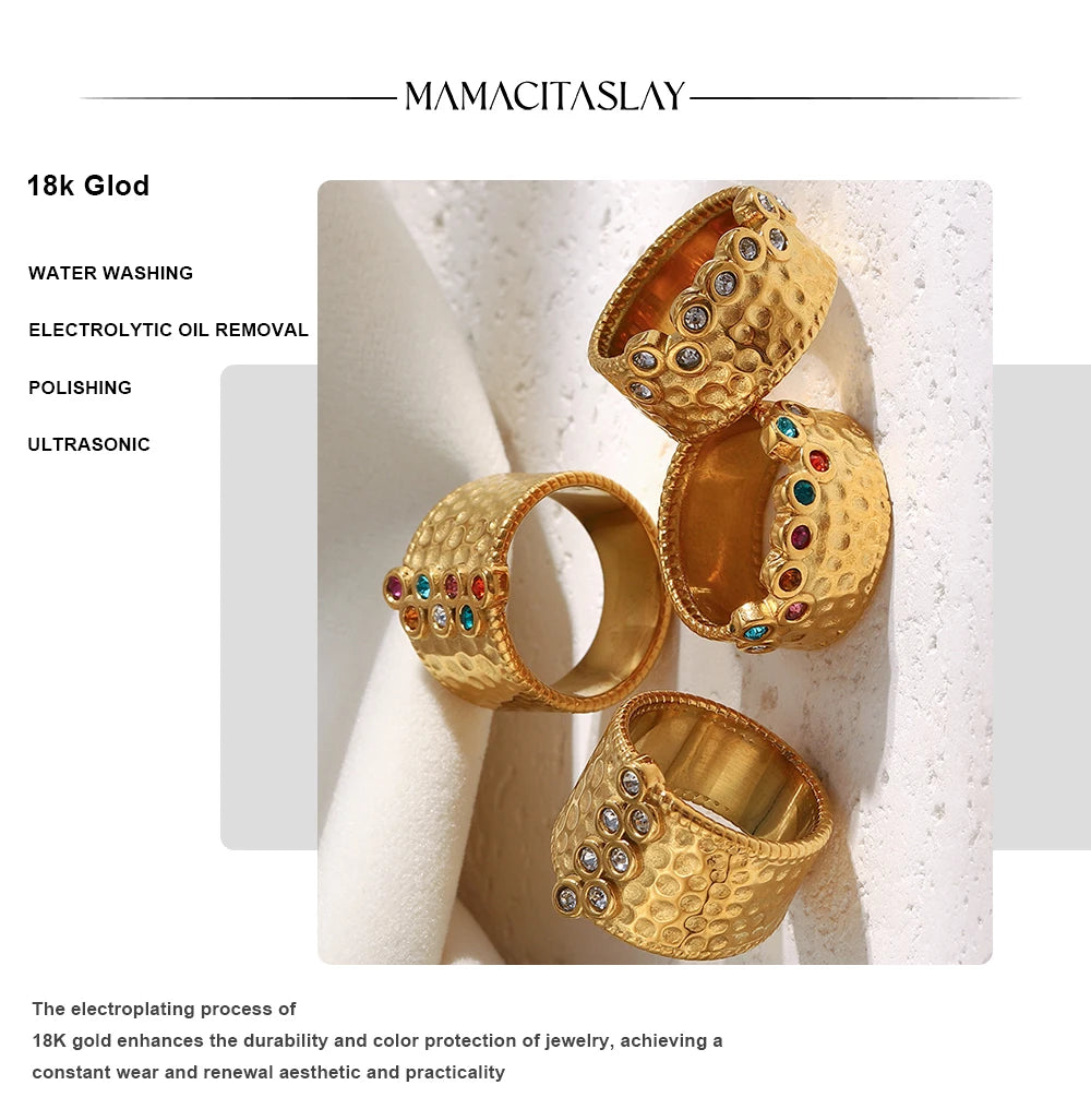 MamacitaSlay 316L Stainless Steel Multi Colored Zircon Hammer Patterned Wide Ring Party Waterproof Jewelry Women's Charm Ring
