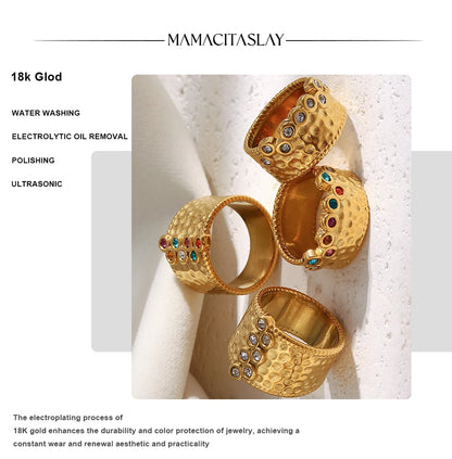 MamacitaSlay 316L Stainless Steel Multi Colored Zircon Hammer Patterned Wide Ring Party Waterproof Jewelry Women's Charm Ring