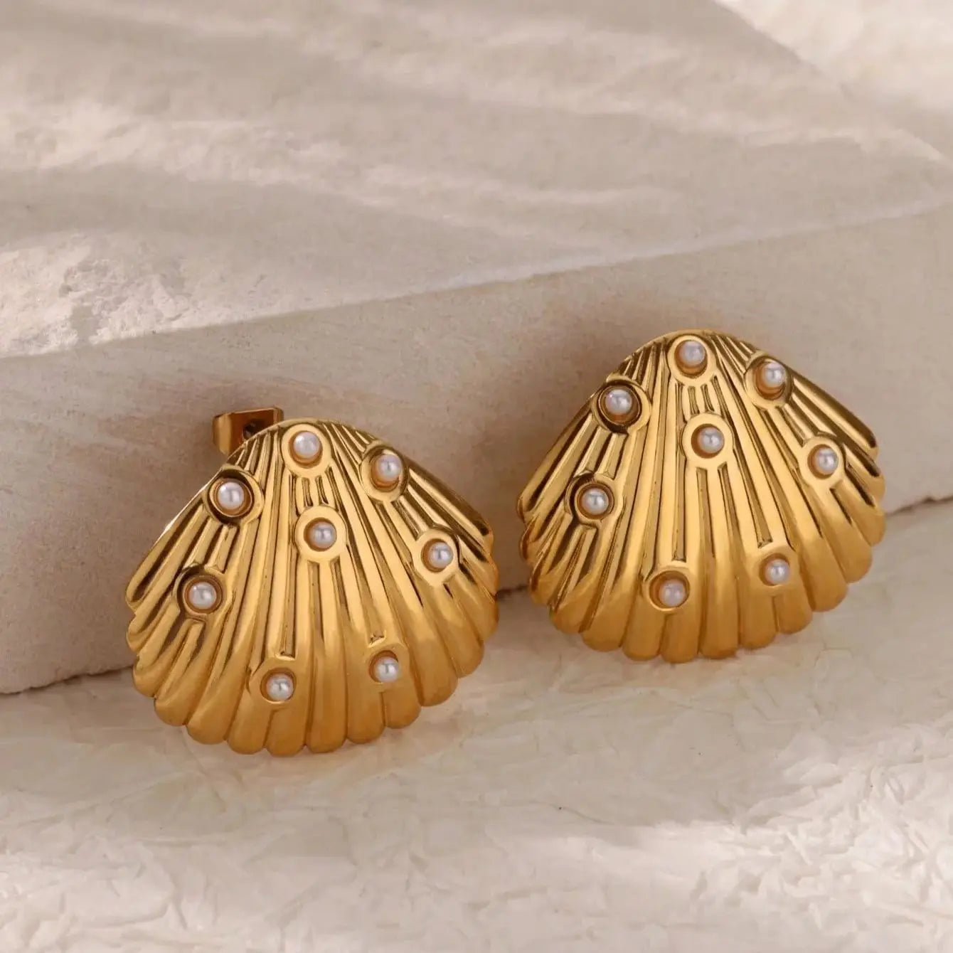 Golden Shell Pearl Stud Earrings