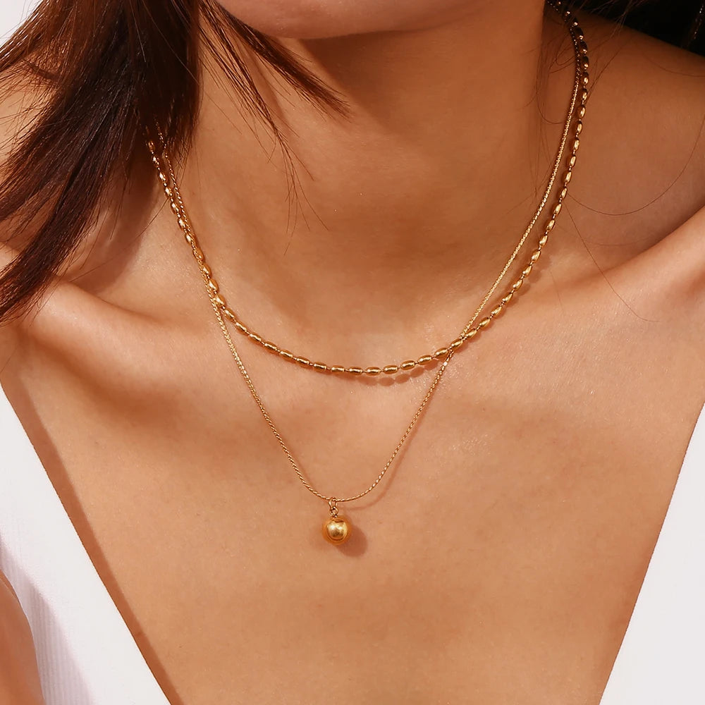 MamacitaSlay Classic Double Bead Chain Round Ball Pendant Waterproof Stainless Steel Jewelry Trend 2024 Necklaces For Women