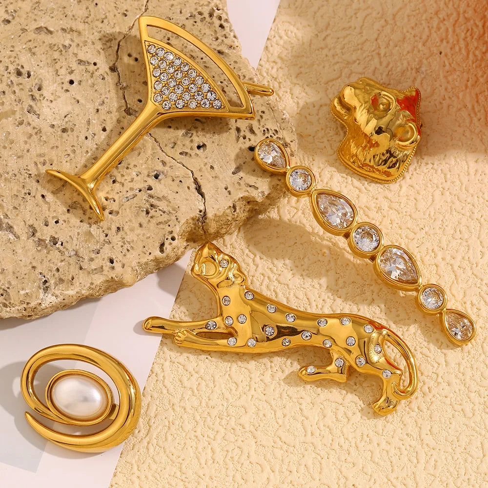 MamacitaSlay Unique 18K Gold Plated Zircon Wine Glass Leopard Brooch Banquet Waterproof Jewelry Women's High Quality Jewelry