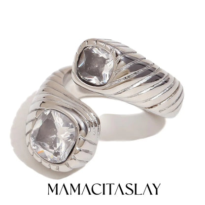 MamacitaSlay 316L Stainless Steel Double Zircon Serpentine Opening Ring Waterproof 18K Gold Plated Jewelry Women's Elegant Gift