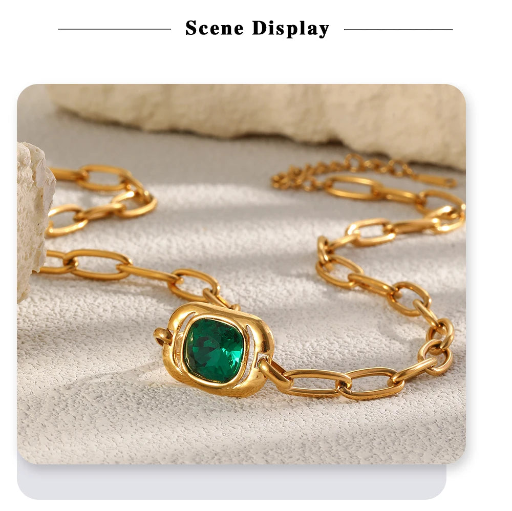 MamacitaSlay 316L Stainless Steel Green Zircon Pendant Necklace 18K Gold Plated Waterproof Vintage Luxury Jewelry Gift For Women