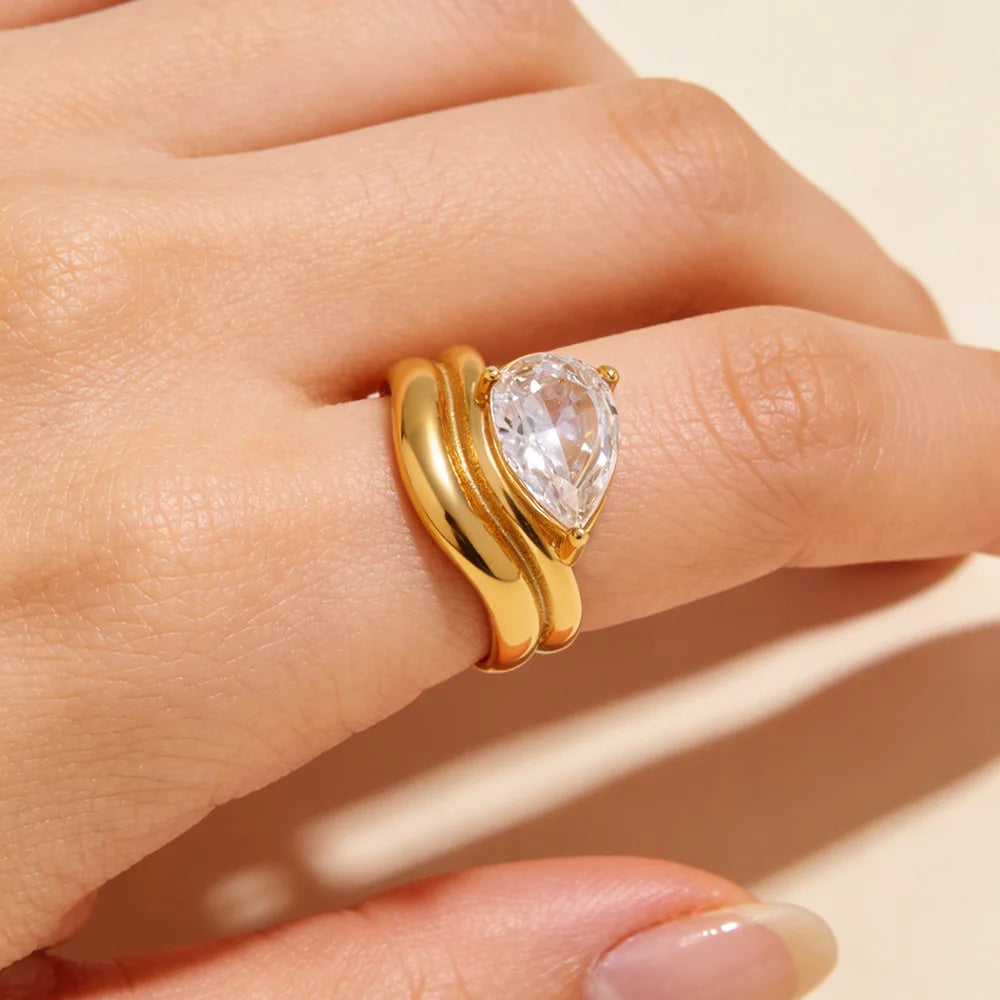 Mamacitaslay 316L Stainless Steel Pear Cut Zircon Geometric Ring 18K Gold Plated Waterproof Jewelry For Women Banquet Party Wear