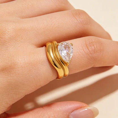 Mamacitaslay 316L Stainless Steel Pear Cut Zircon Geometric Ring 18K Gold Plated Waterproof Jewelry For Women Banquet Party Wear
