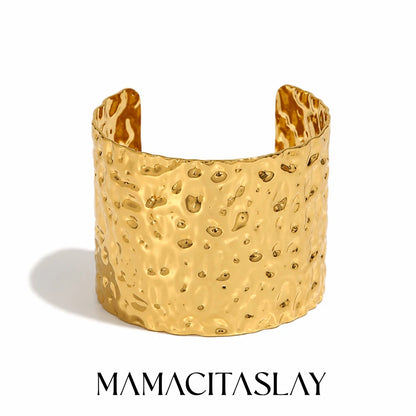 MamacitaSlay 316L Stainless Steel Hammered Wide Open Cuff Bangle 18K Gold Plated Waterproof Jewelry For Women Bracele Party Gift