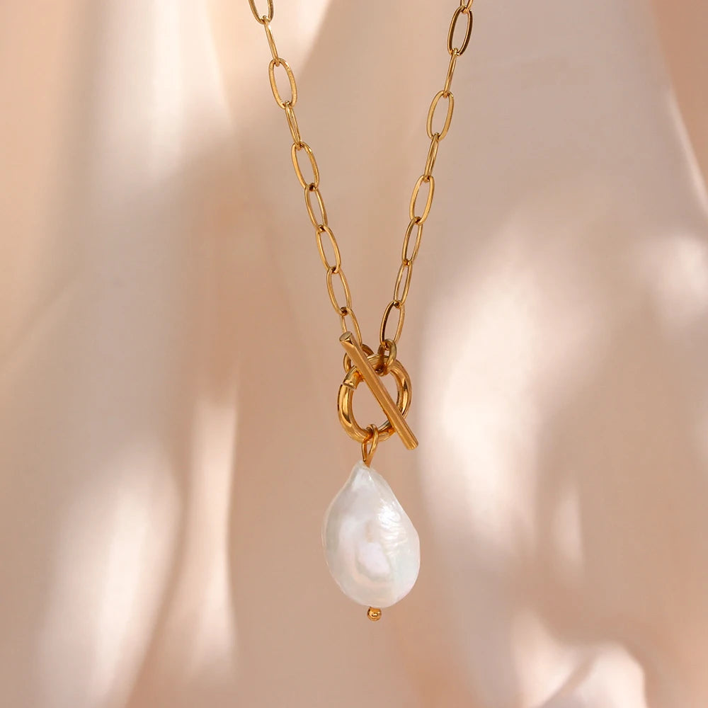 MamacitaSlay Elegant Baroque Freshwater Pearl Pendant Necklace OT Buckle 18K Gold Plated Waterproof Stainless Steel Necklace