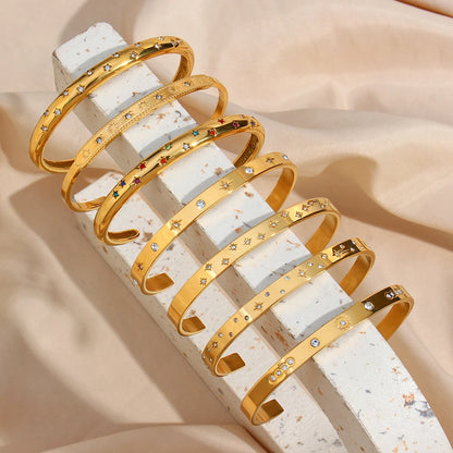18K Gold Plated Deliacte Luxury Colorful Zircon Shiny Stars Cuff Bangles High Quality Waterproof Jewelry Bracelets for Women