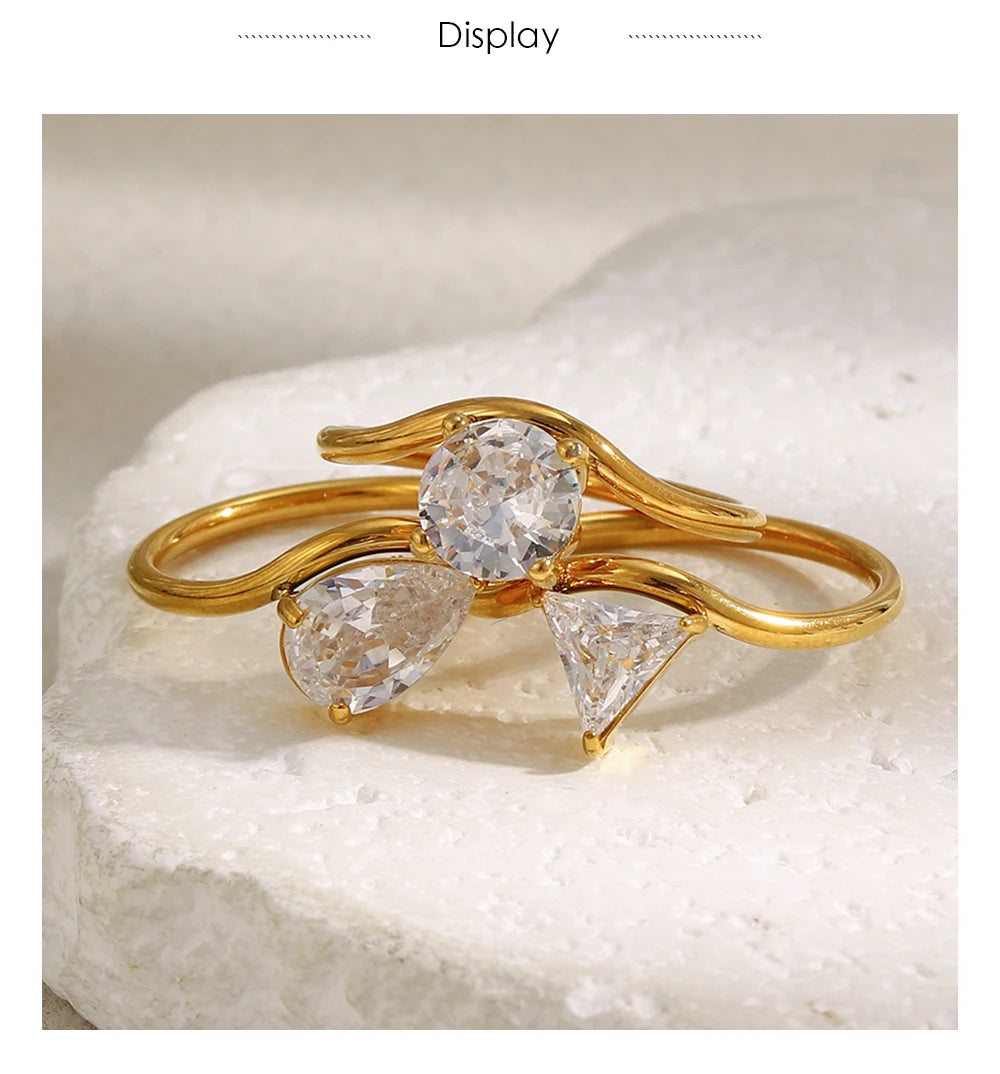 MamacitaSlay 316L Stainless Steel Water Drop Circular Triangle Zircon Wave Ring 18K Gold Plated Waterproof Jewelry For Women