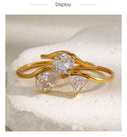 MamacitaSlay 316L Stainless Steel Water Drop Circular Triangle Zircon Wave Ring 18K Gold Plated Waterproof Jewelry For Women