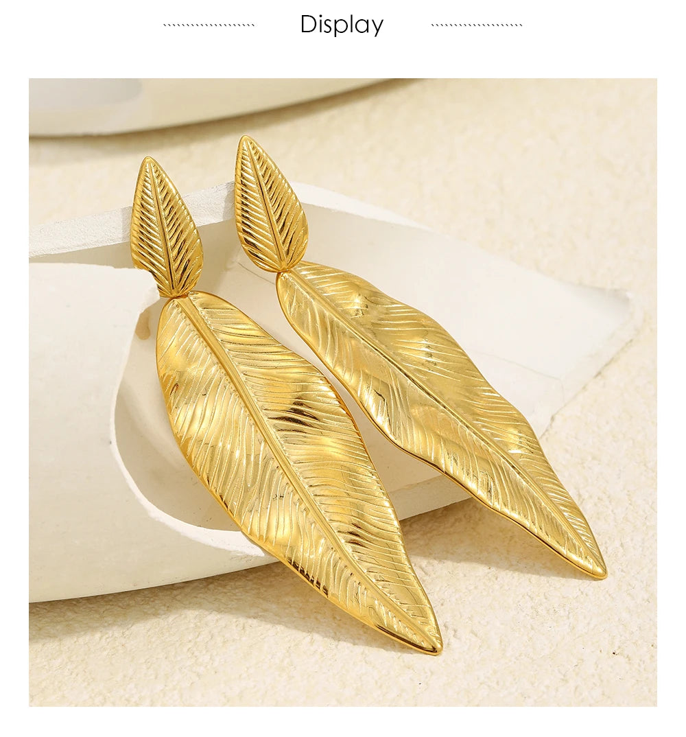MamacitaSlay 316L Stainless Steel Double Leaf Dangle Earrings 18K Gold Plated Waterproof Jewelry For Women Statement Earrings