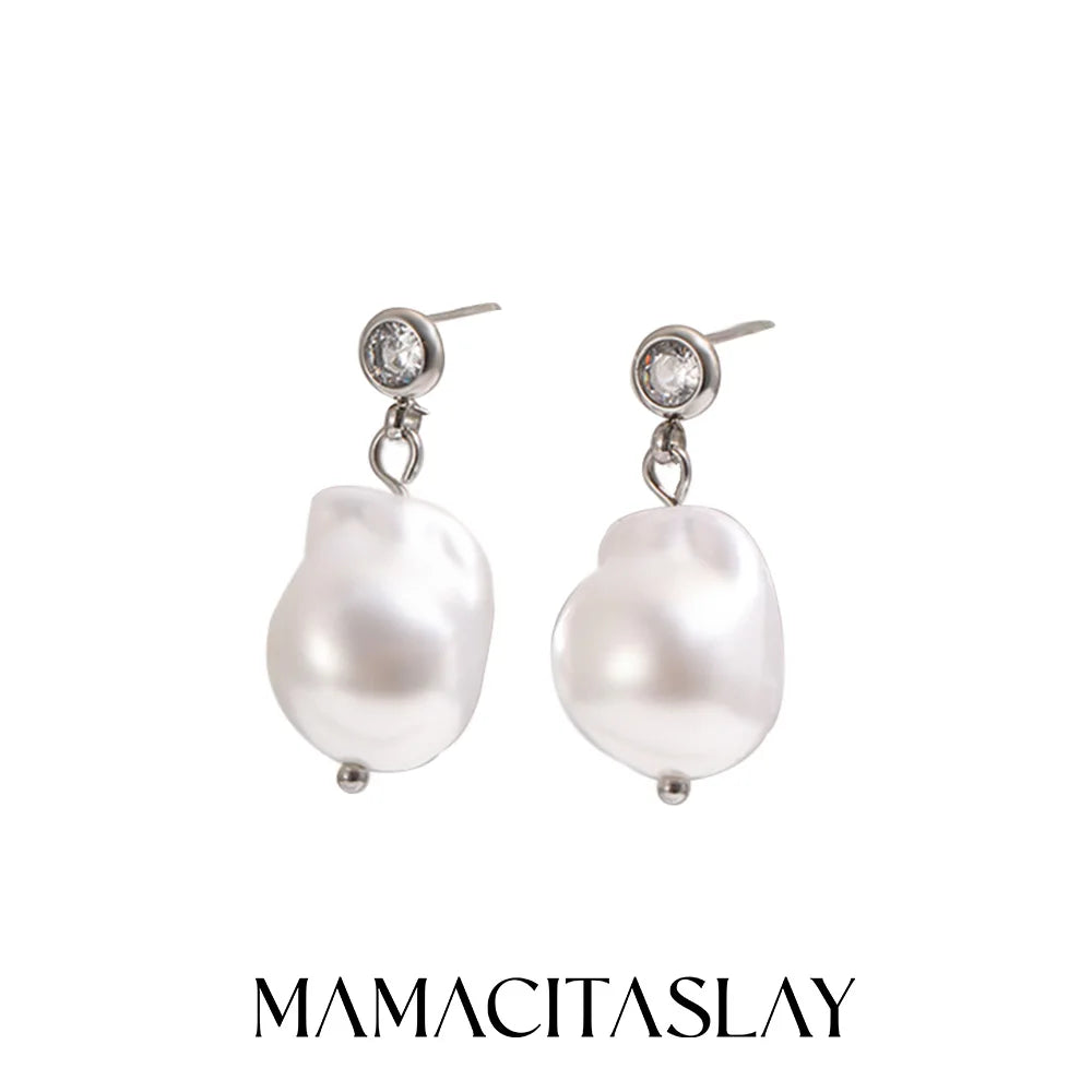 MamacitaSlay 316L Stainless Steel Zircon Baroque Pearl Earrings Necklace 18K Gold Plated Waterproof Jewelry Set For Women Gift