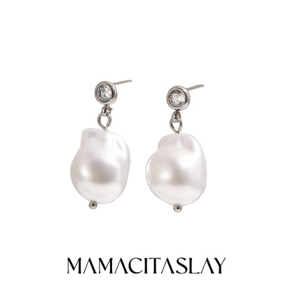 MamacitaSlay 316L Stainless Steel Zircon Baroque Pearl Earrings Necklace 18K Gold Plated Waterproof Jewelry Set For Women Gift