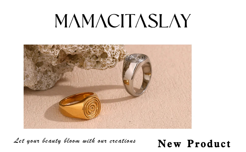 MamacitaSlay Unique Fingerprint Swirl Ripple Gold Silver Colour Rings Womens Stainless Steel Tarnish Free Jewelry Accessories