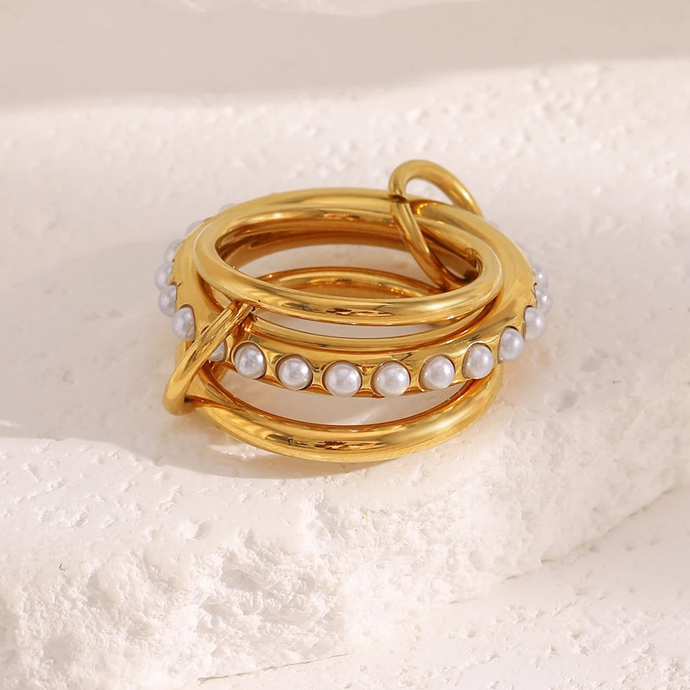 MamacitaSlay Elegant 316L Stainless Steel Pearl Three Layer Ring 18K Gold Plated Waterproof Jewelry Women's Charm Ring Gift 2025