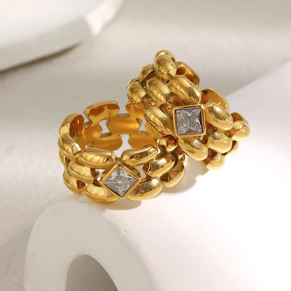 MamacitaSlay 316L Stainless Steel Zircon Hollow Out Ring 18K Gold Plated Waterproof Jewelry Women's High Quality Ring 2025 Gift