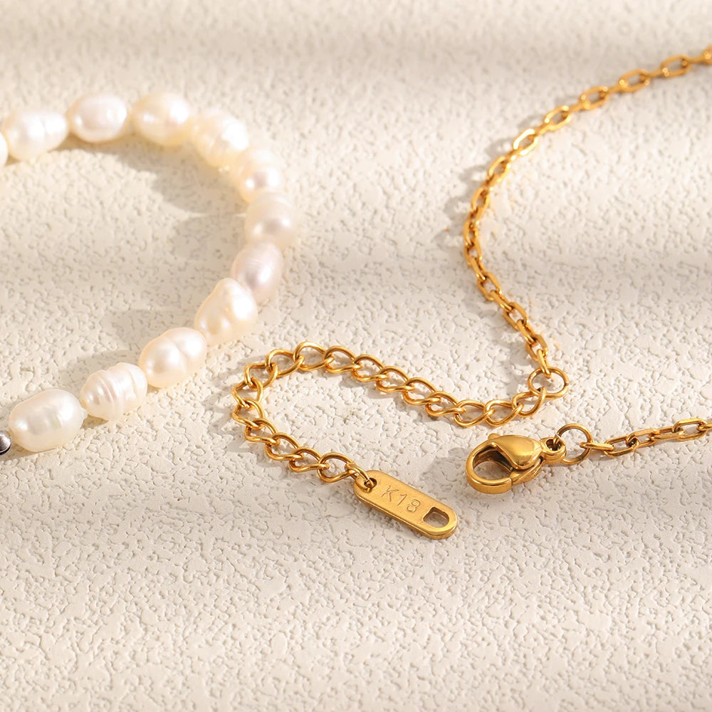MamacitaSlay 316L Stainless Steel Zircon Baroque Pearl Earrings Necklace 18K Gold Plated Waterproof Jewelry Set For Women Gift