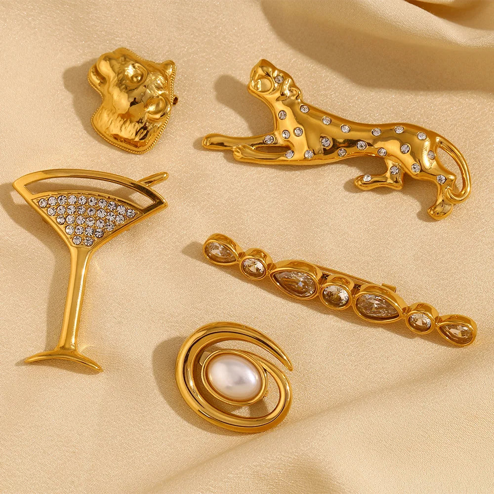 MamacitaSlay Unique 18K Gold Plated Zircon Wine Glass Leopard Brooch Banquet Waterproof Jewelry Women's High Quality Jewelry