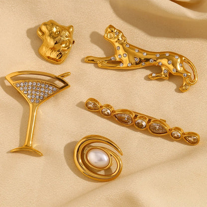 MamacitaSlay Unique 18K Gold Plated Zircon Wine Glass Leopard Brooch Banquet Waterproof Jewelry Women's High Quality Jewelry