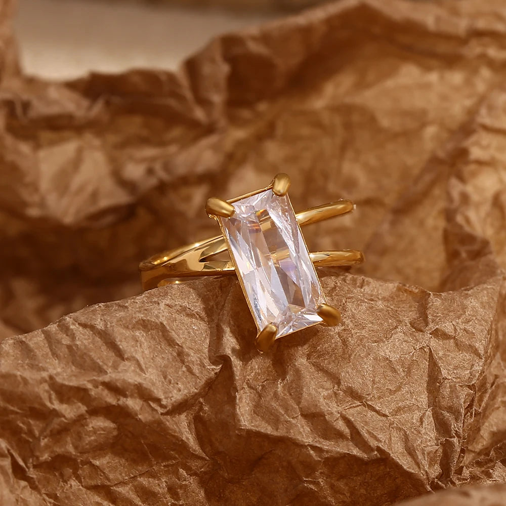 MamacitaSlay Minimalist Double-Layer Rectangle Zircon Left And Right Asymmetrical Women's rings stainless steel women's jewelry