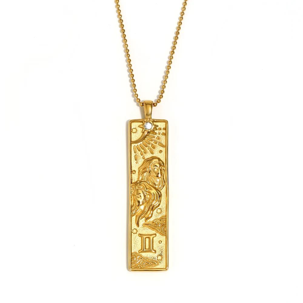 MamacitaSlay 316L Stainless Steel Zodiac Sign Rectangle Pendant Necklace 18K Gold Plated Waterproof Jewelry For Women Daily Wear