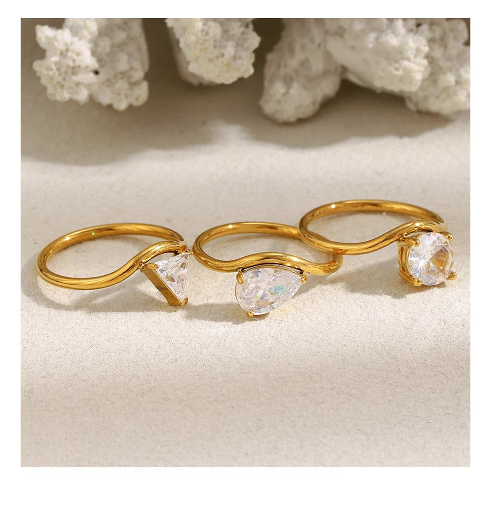 MamacitaSlay 316L Stainless Steel Water Drop Circular Triangle Zircon Wave Ring 18K Gold Plated Waterproof Jewelry For Women