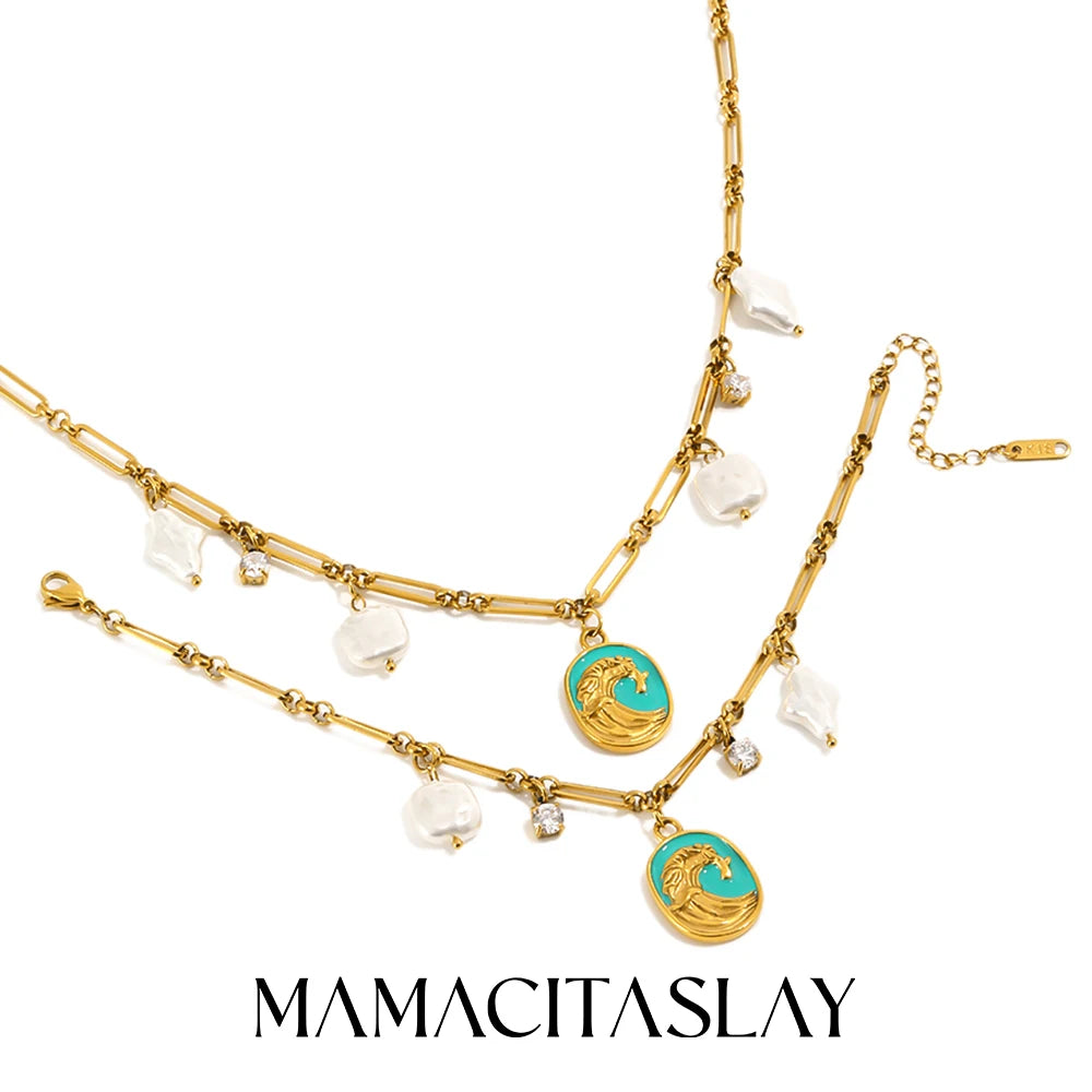 MamacitaSlay 316L Stainless Steel Baroque Pearl Enamel Pendant Bracelet Necklace 18K Gold Plated Waterproof Jewelry For Women