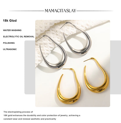 MamacitaSlay Unique Exaggerated 18K Gold Plated Stainless Steel Pear Shape Hollow Hoop Earrings Party Women's Waterproof Jewelry