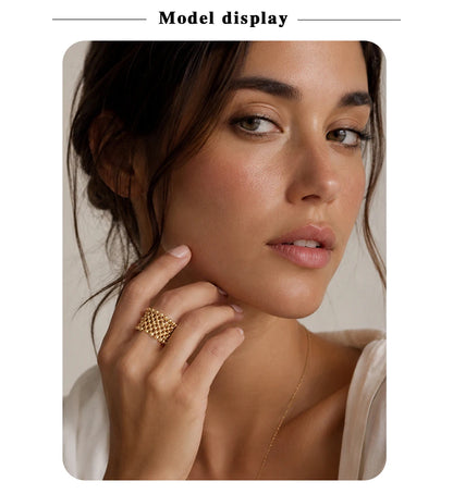 MamacitaPlay 316L Stainless Steel Mesh Hollow Out Ball Ring 18K Gold Plated Waterproof Jewelry For Women Trend Everyday Wear