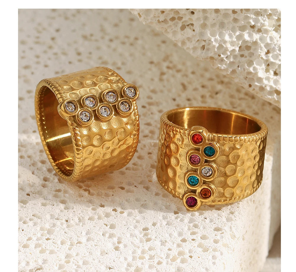 MamacitaSlay 316L Stainless Steel Multi Colored Zircon Hammer Patterned Wide Ring Party Waterproof Jewelry Women's Charm Ring