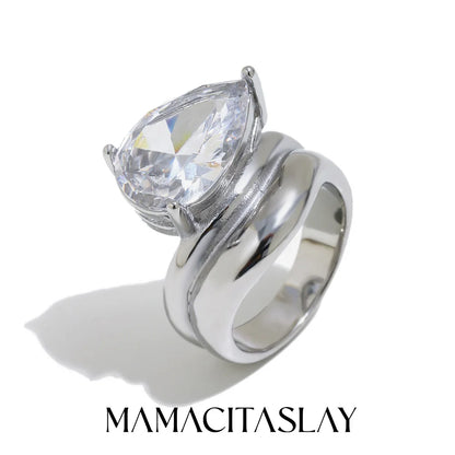 Mamacitaslay 316L Stainless Steel Pear Cut Zircon Geometric Ring 18K Gold Plated Waterproof Jewelry For Women Banquet Party Wear