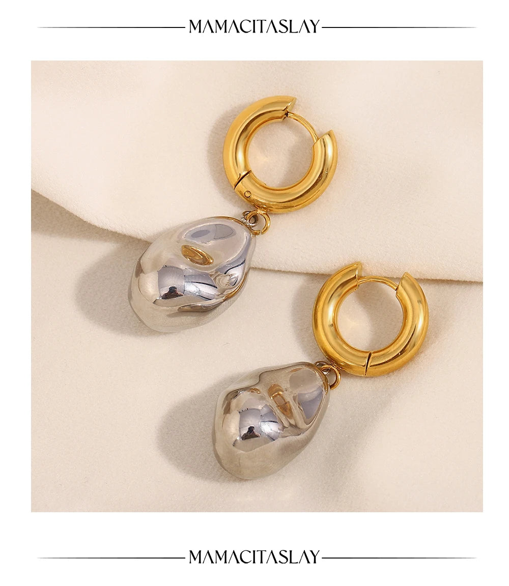 MamacitaSlay Unique Stainless Steel Double Color Irregular Pendant Hoop Earrings Women's Charm Waterproof Jewelry Creative Gift
