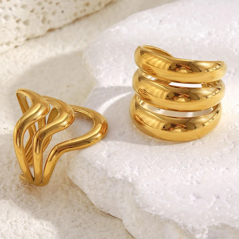 MamacitaSlay 316L Stainless Steel Multilayer Open Ring Party Waterproof 18K Gold Plated Jewelry Women's Charm Cool Ring Gift