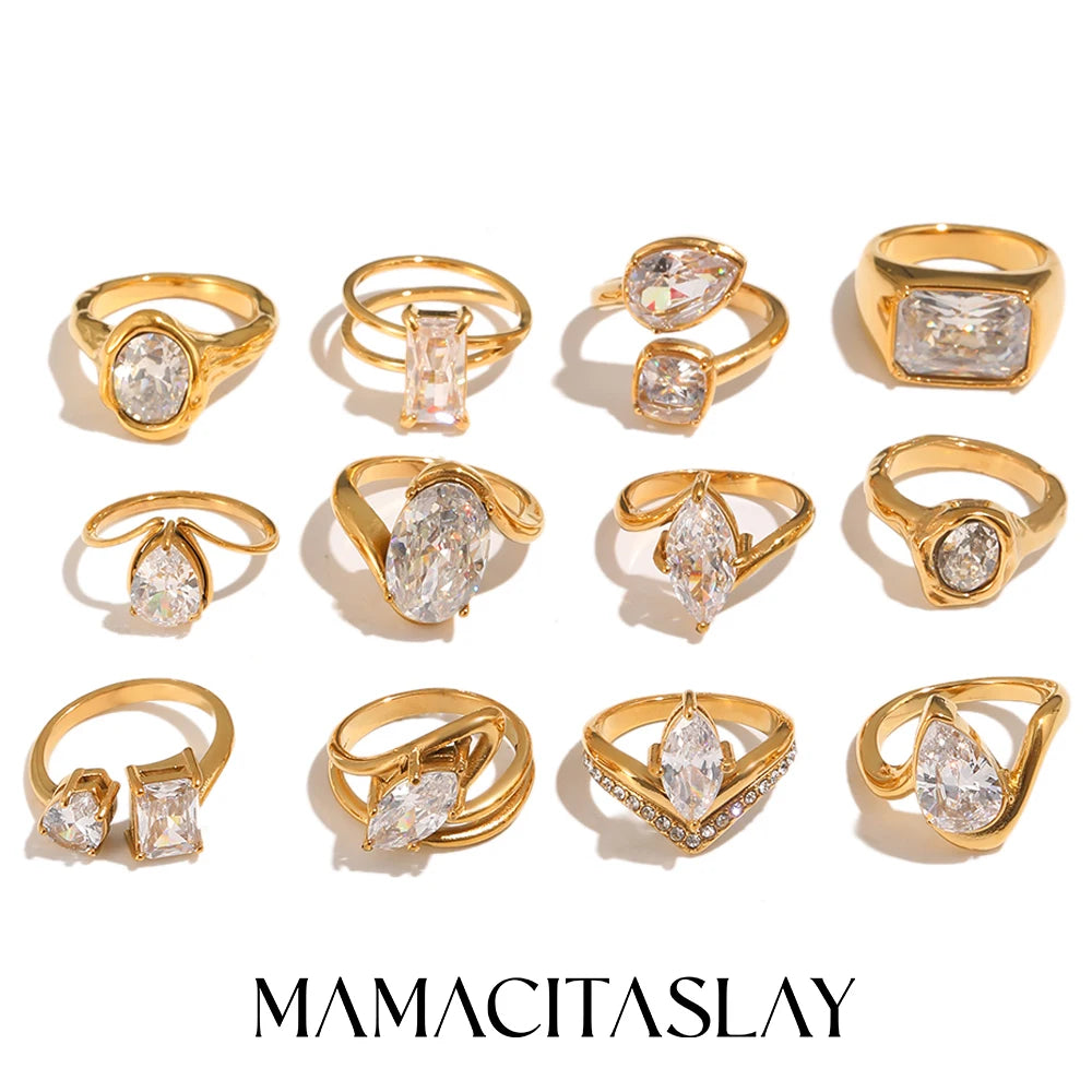 MamacitaSlay 316L Stainless Steel CZ Solitaire Stackable Ring 18K Gold Plated Waterproof Jewelry For Women Elegant Daily Wear