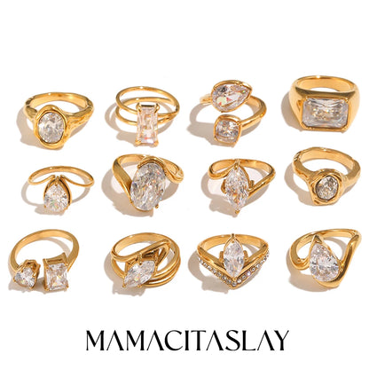 MamacitaSlay 316L Stainless Steel CZ Solitaire Stackable Ring 18K Gold Plated Waterproof Jewelry For Women Elegant Daily Wear