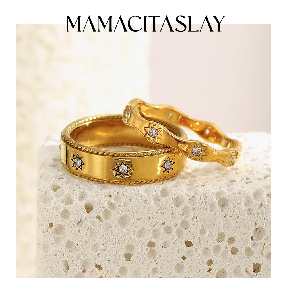 MamacitaSlay 316L Stainless Steel Zircon Star Ring 18K Gold Plated Waterproof Jewelry Women's Classic Ring High Quality Gift