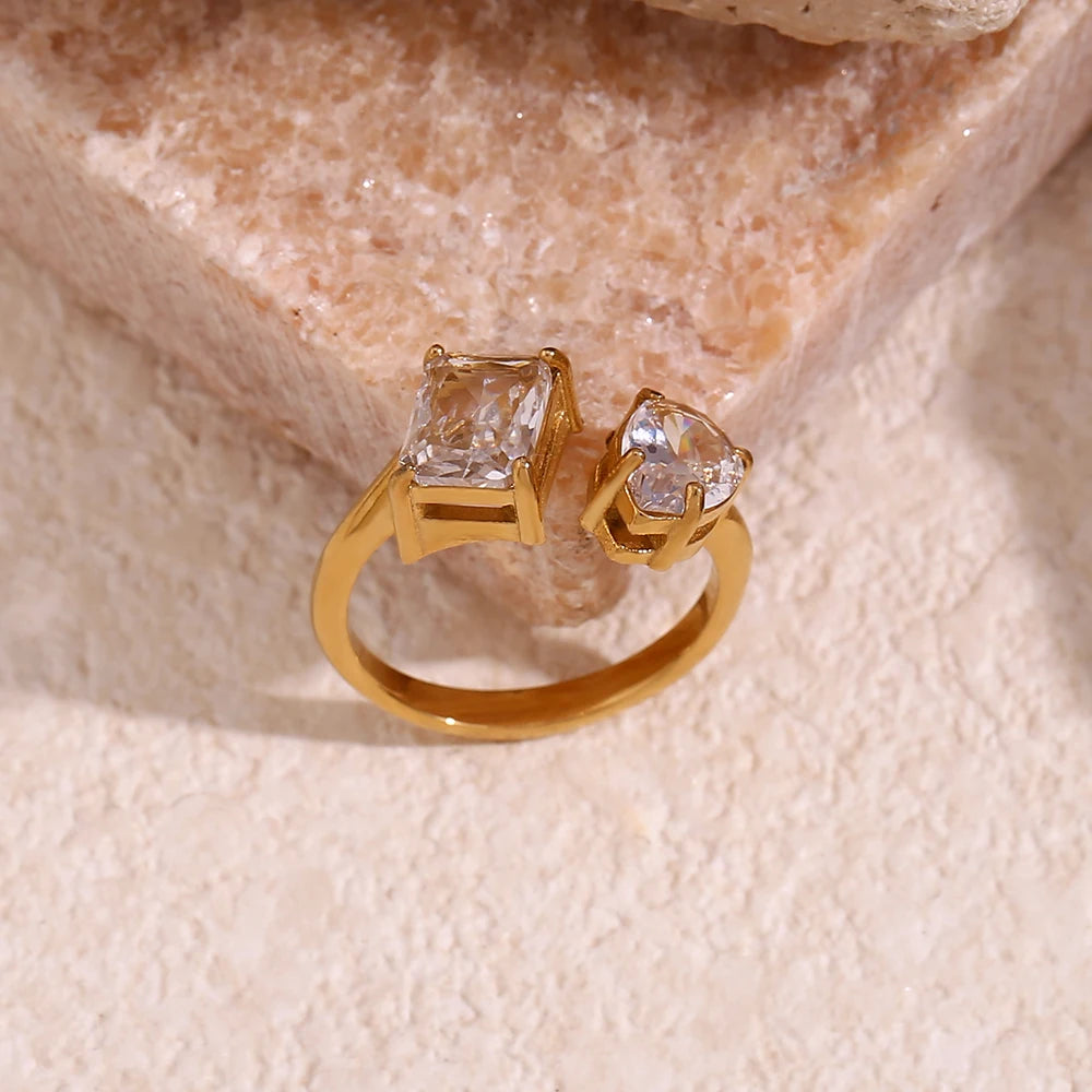 MamacitaSlay 316L Stainless Steel Zircon Asymmetric Adjustable Ring 18K Gold Plated Waterproof Jewelry For Women Trendy Ring